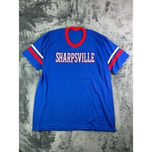 Vintage 70s SHARPSVILLE V-Neck Jersey T-Shirt Adult L Blue Ringer Striped Sleeve